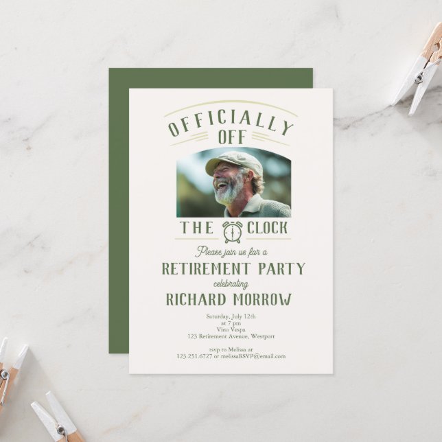 “Officially Off the Clock” Photo Retirement Party Invitation (Front/Back In Situ)