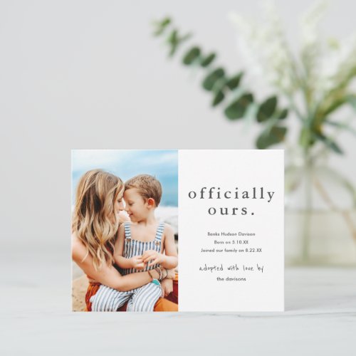 Officially Ours  Minimal Photo Adoption Postcard