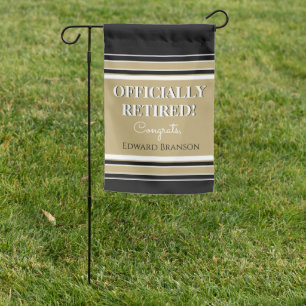 Officially retired! Fun party garden flag