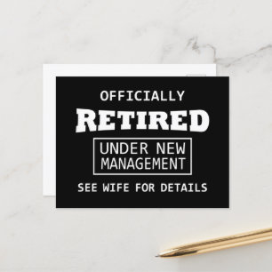 officially retired under new management holiday postcard