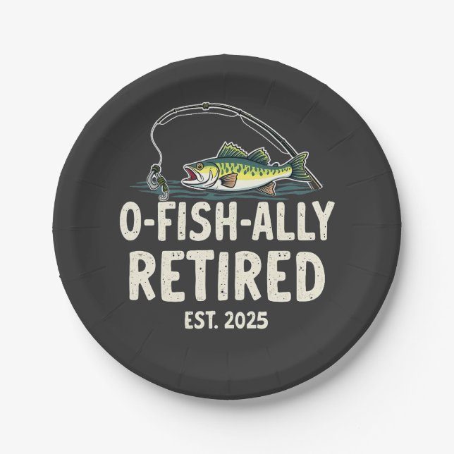 Offishally Retired Est. 2025 Retirement Fisher Dad Paper Plates (Front)