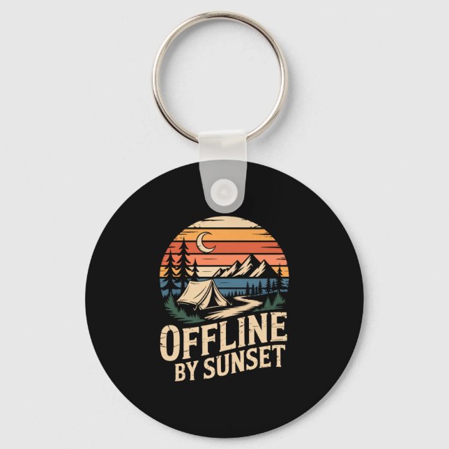 Offline by sunset retro camping mountain adventure keychain (Front)
