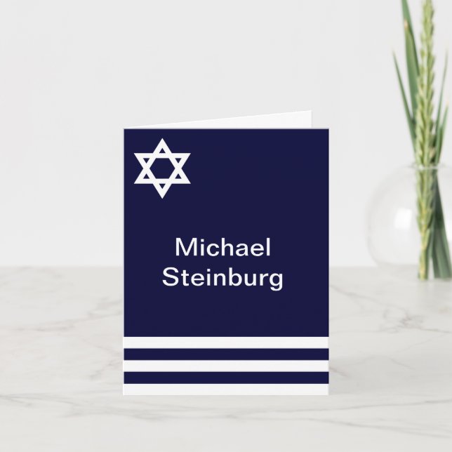 Offset Blue Bar Mitzvah Personalized Thank You Card (Front)