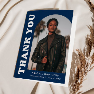 Offset Navy Blue Arch 4 Photo Graduation Letterpress Thank You Card