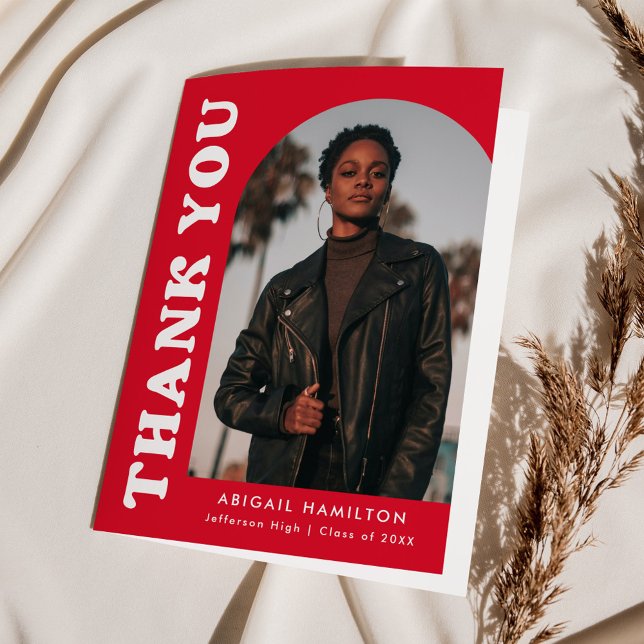 Offset Red Arch 4 Photo Graduation Thank You Card (Creator Uploaded)