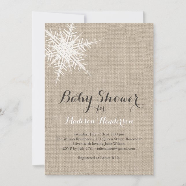 Offset Rustic Snowflake Baby Shower Invitation (Front)
