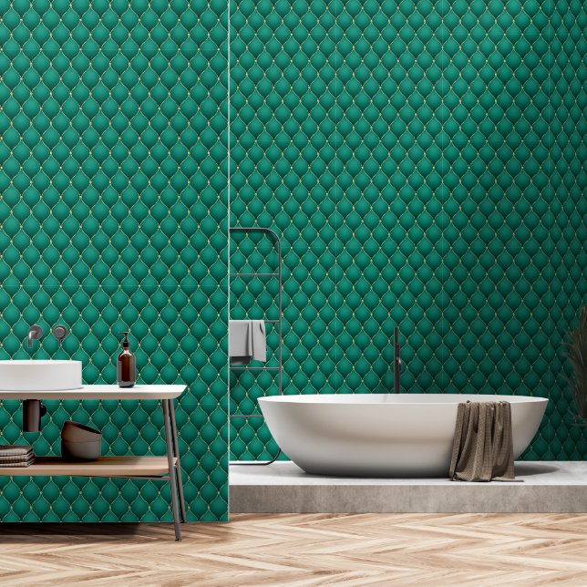Ogee Gold Diamond Tufted Emerald Green Wallpaper (Bathroom)