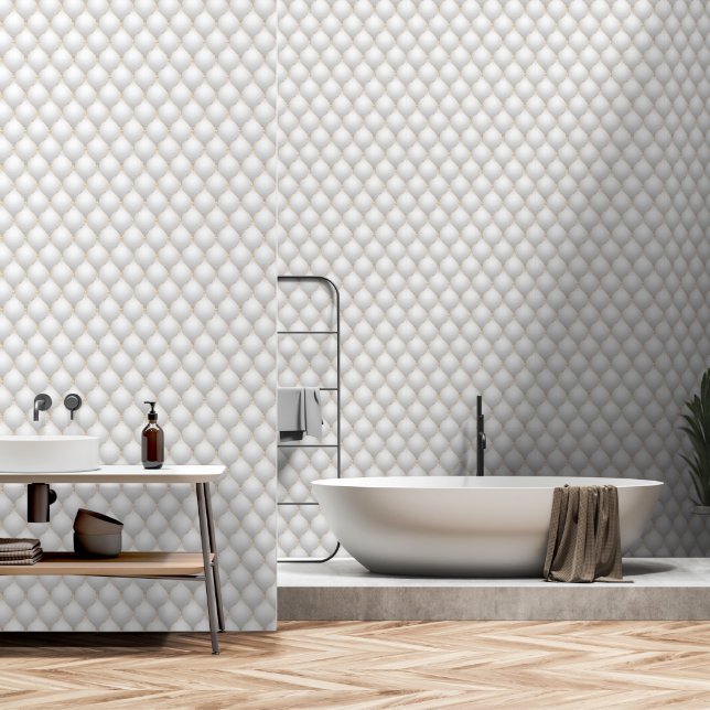 Ogee Gold Diamond Tufted White Wallpaper (Bathroom)