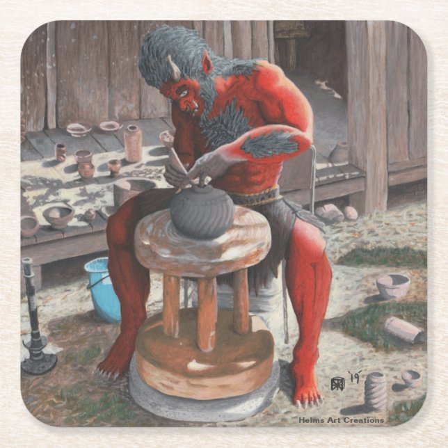 Ogre Potter Making Pot Fantasy Art Paper Coasters (Front)
