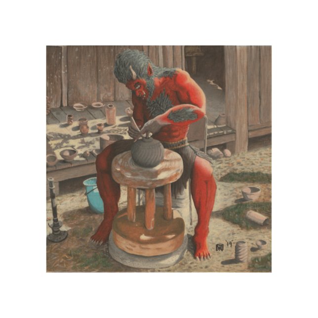 Ogre Using Pottery Wheel Fantasy Art Wood Print (Front)