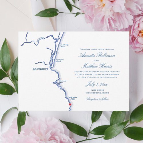 Ogunquit Maine Elegant Navy Map Wedding Invitation