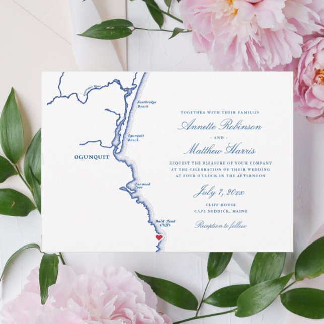 Ogunquit Maine Elegant Navy Map Wedding Invitation (Creator Uploaded)