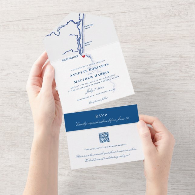 Ogunquit Maine Map Elegant Navy Wedding All In One Invitation (Tearaway)