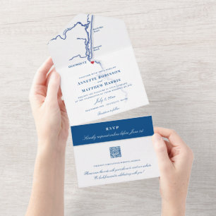 Ogunquit Maine Map Elegant Navy Wedding All In One Invitation