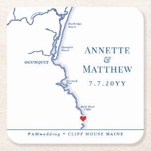 Ogunquit Maine Map Wedding Cocktail Hour Square Paper Coaster
