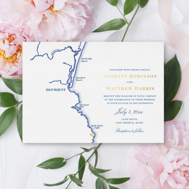 Ogunquit Maine Wedding Elegant Navy and Gold Foil Invitation (Creator Uploaded)