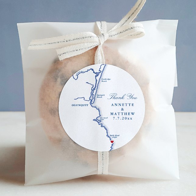 Ogunquit Maine Wedding Favor Thank You Classic Round Sticker (Ogunquit Maine Wedding Favor Thank You Sticker Labels with movable red heart
)