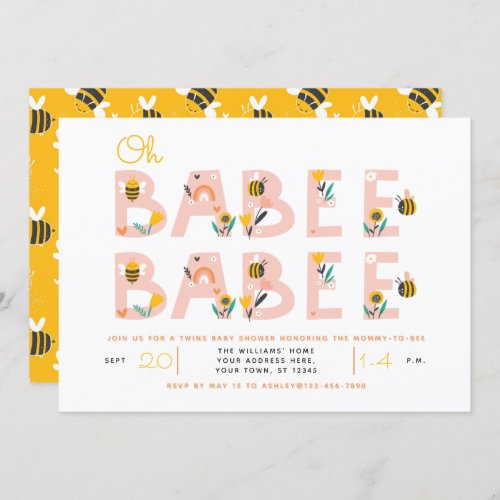 Oh Babee Baby Yellow Twin Baby Shower Invitation - So cute! This sweet (no pun intended!) twin baby shower invitation design features the word 'babee' in pink letters decorated with bees and flowers. The back of the invitation features cute little bees flying over a yellow background. Contact designer for matching products. Copyright Elegant Invites, all rights reserved.