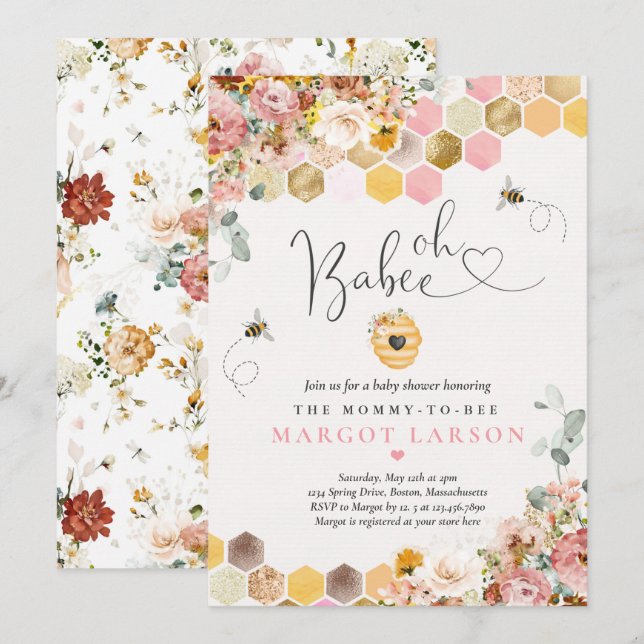 Oh Babee Bee Boho Wildflower Baby Shower Invitation (Front/Back)