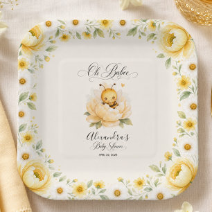 Oh Babee Bee Floral Yellow Watercolor Baby Shower Paper Plates