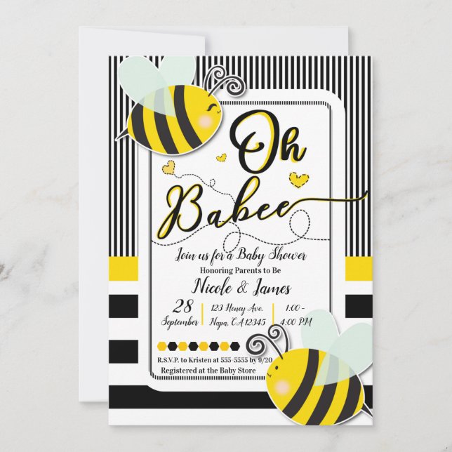 Oh BaBEE Bee Modern Chic Striped Baby Shower Invitation (Front)