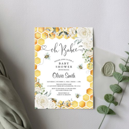 Oh BaBee Bee White Floral Baby Shower Invitation
