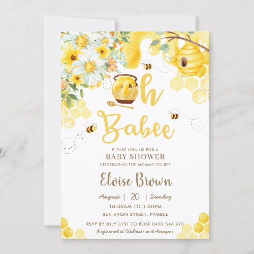 Oh Babee Bees Floral Gender Neutral Baby Shower  Invitation