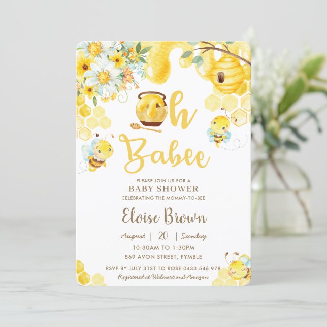 Oh Babee Bees Yellow Gender Neutral Baby Shower   Invitation (Standing Front)