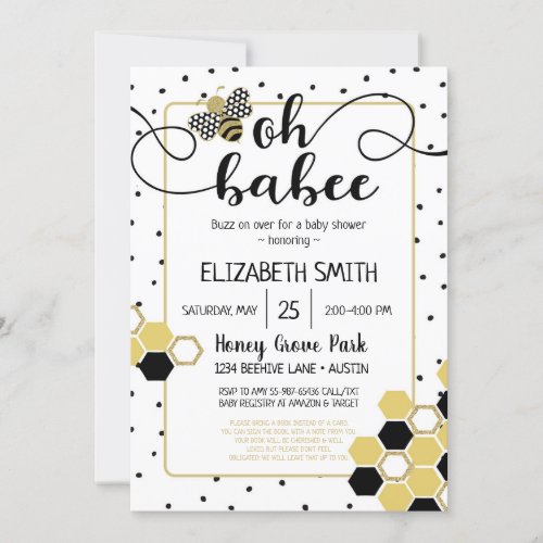 Oh Babee Bumblebee Gold Glitter Black Baby Shower Invitation