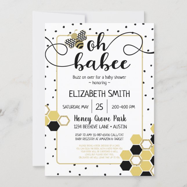 Oh Babee Bumblebee Gold Glitter Black Baby Shower Invitation (Front)