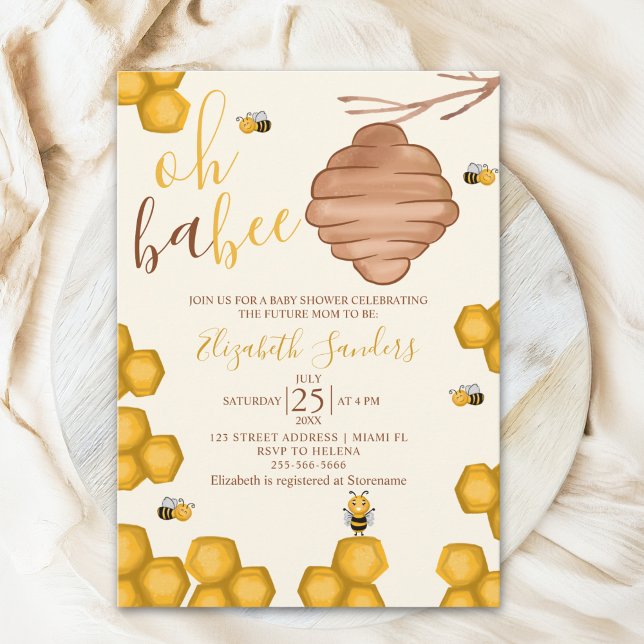 Oh Babee Cute Watercolor Bee Baby shower Invitation (Creator Uploaded)