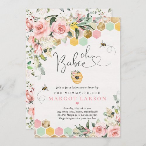 Oh Babee Greenery Pink  Gold Bee Baby Shower Invitation