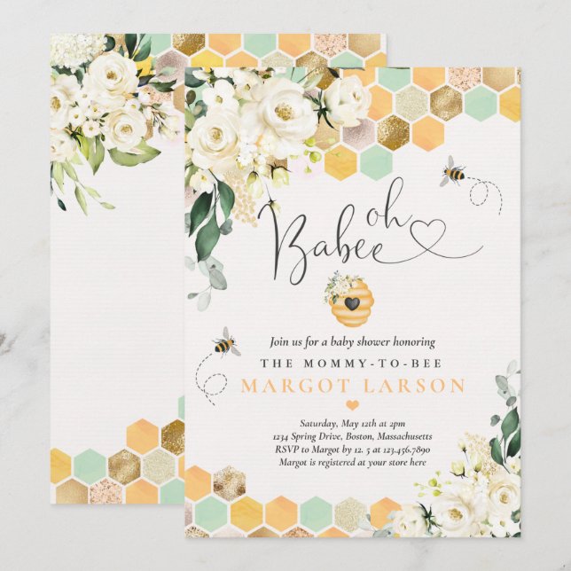 Oh Babee Greenery White Floral Baby Shower Invitation (Front/Back)