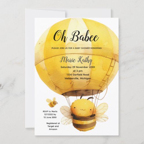 Oh babee Hot air Balloon Baby Shower Cute Bee Invitation