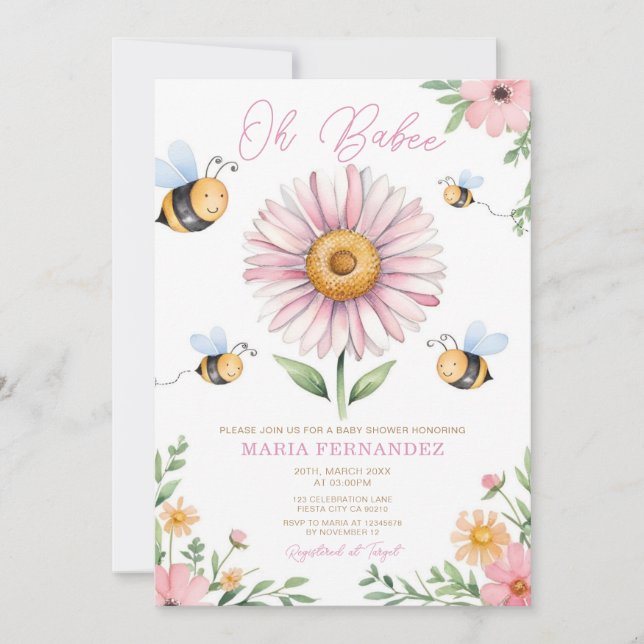 Oh Babee Mommy to Bee Baby Shower Pink Sunflowers  Invitation (Front)