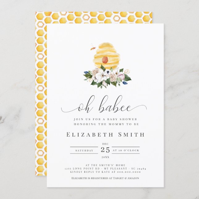 Oh Babee Watercolor Bee Yellow Floral Baby Shower Invitation (Front/Back)
