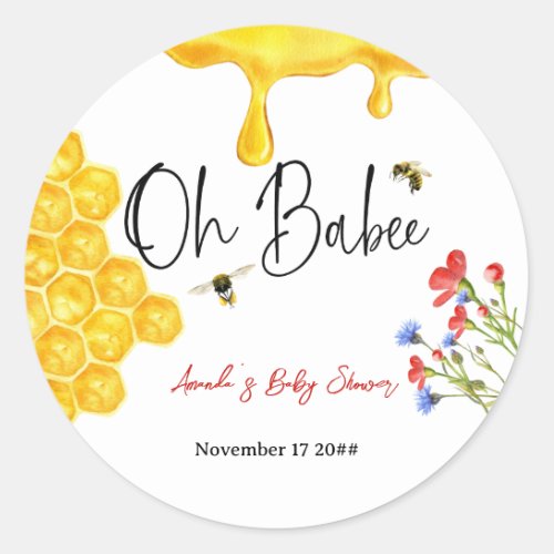 Oh Babee Yellow Honey Bee Floral Baby Shower Classic Round Sticker