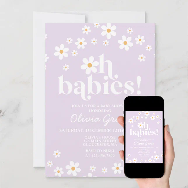Oh Babies! Daisy lilac Baby Shower Invitation Zazzle