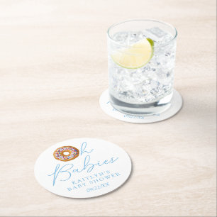 Oh Babies Donut Sprinkle Twin Boys Baby Shower Round Paper Coaster