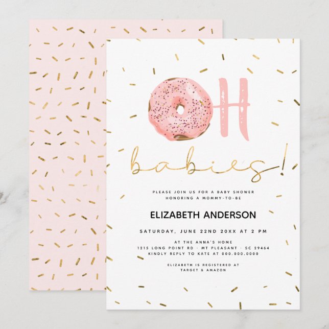 Oh Babies Donut & Sprinkles Gold Girl Baby Shower Invitation (Front/Back)