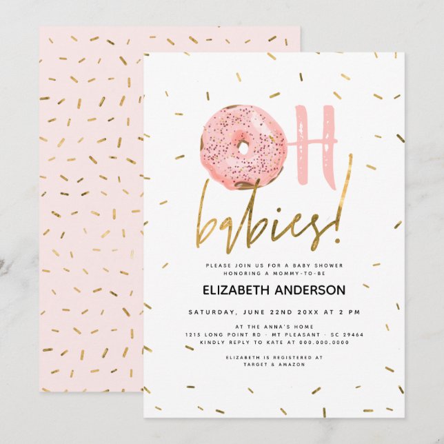 Oh Babies Donut & Sprinkles Gold Girl Baby Shower  Invitation (Front/Back)