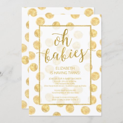 Oh Babies Gold Dots Twins Baby Shower Invitation