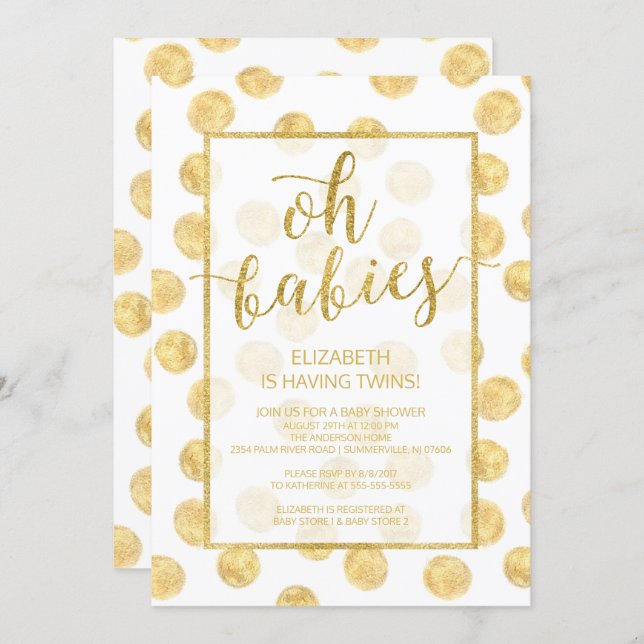 Oh Babies! Gold Dots Twins Baby Shower Invitation (Front/Back)