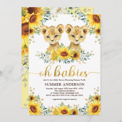 Oh Babies  Lion Twins Sunflower Baby Shower Invitation