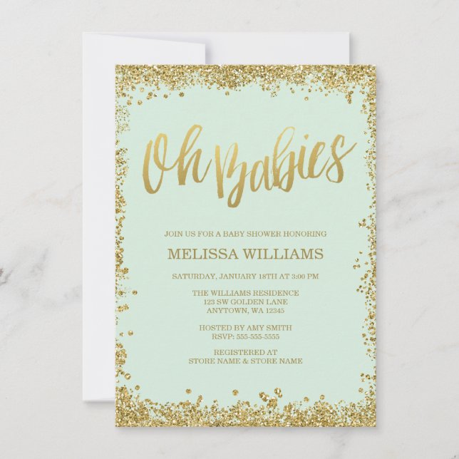 Oh Babies Mint Gold Glitter Baby Shower Invitation (Front)