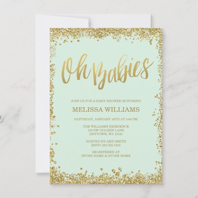 Oh Babies Mint Gold Glitter Baby Shower Invitation (Front)