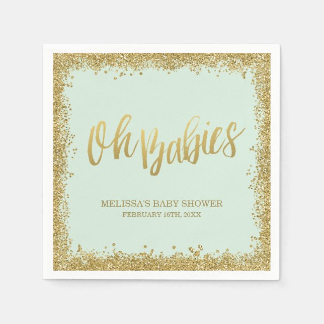 Oh Babies Mint Gold Glitter Baby Shower Napkins (Front)