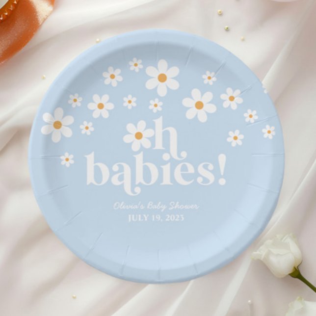 Oh Babies! Retro Daisy blue boho Baby Shower Paper Plates (Creator Uploaded)