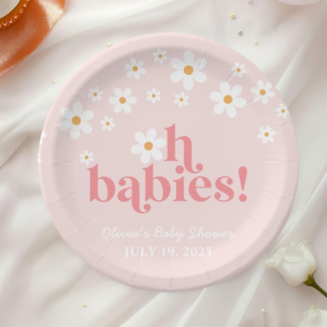 oh babies Retro Daisy Pink boho Baby Shower Paper Plates (Creator Uploaded)