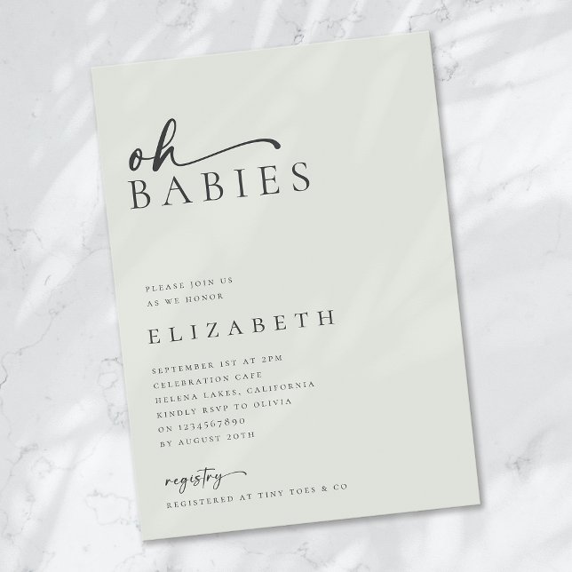 Oh Babies Sage Green Minimalist Script Baby Shower Invitation (Creator Uploaded)